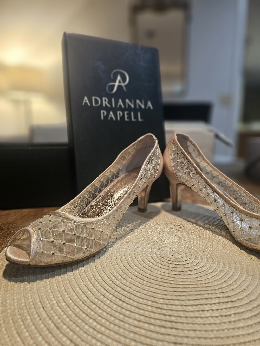 Adrianna Papell Jamie Pump Peep Toe Heels W Rhinestones Champagne Size 9.5 - Picture 2 of 10